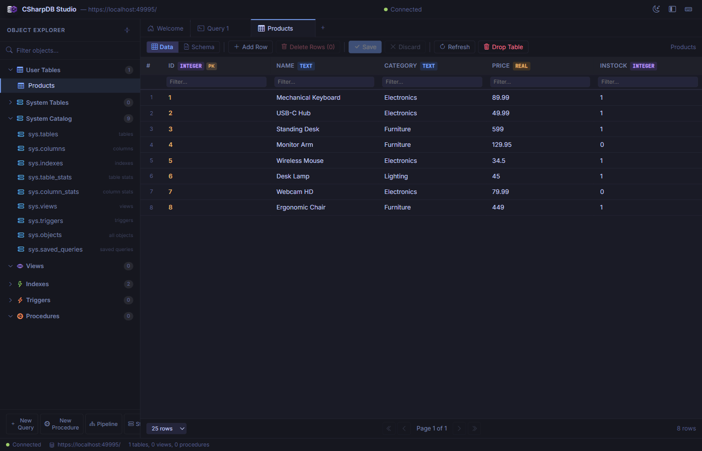 CSharpDB Studio data browser