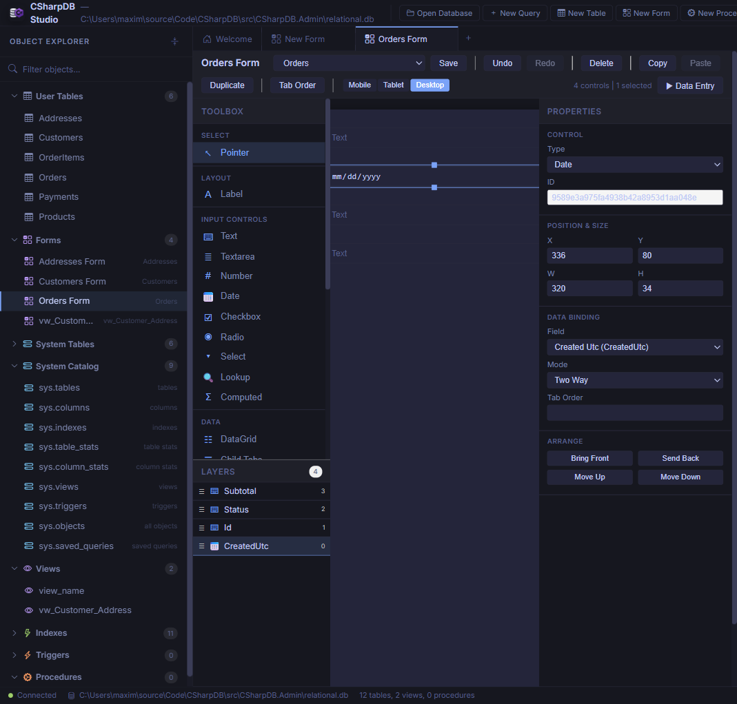 CSharpDB Studio forms designer with toolbox, canvas, and property inspector
