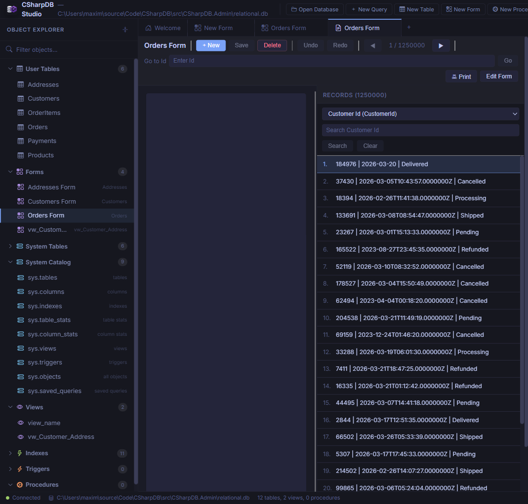 CSharpDB Studio form data entry with record list and navigation