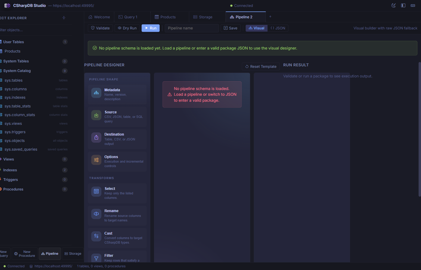 CSharpDB Studio pipeline designer