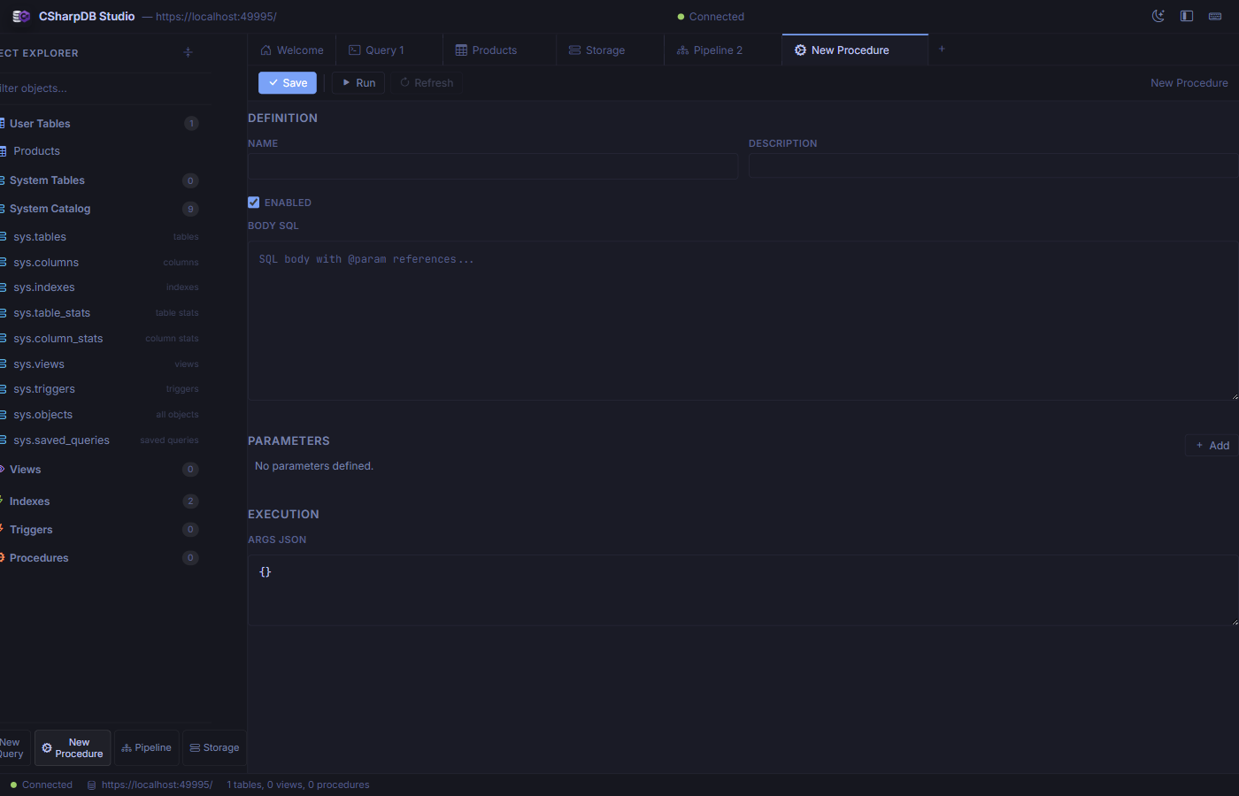 CSharpDB Studio procedure editor