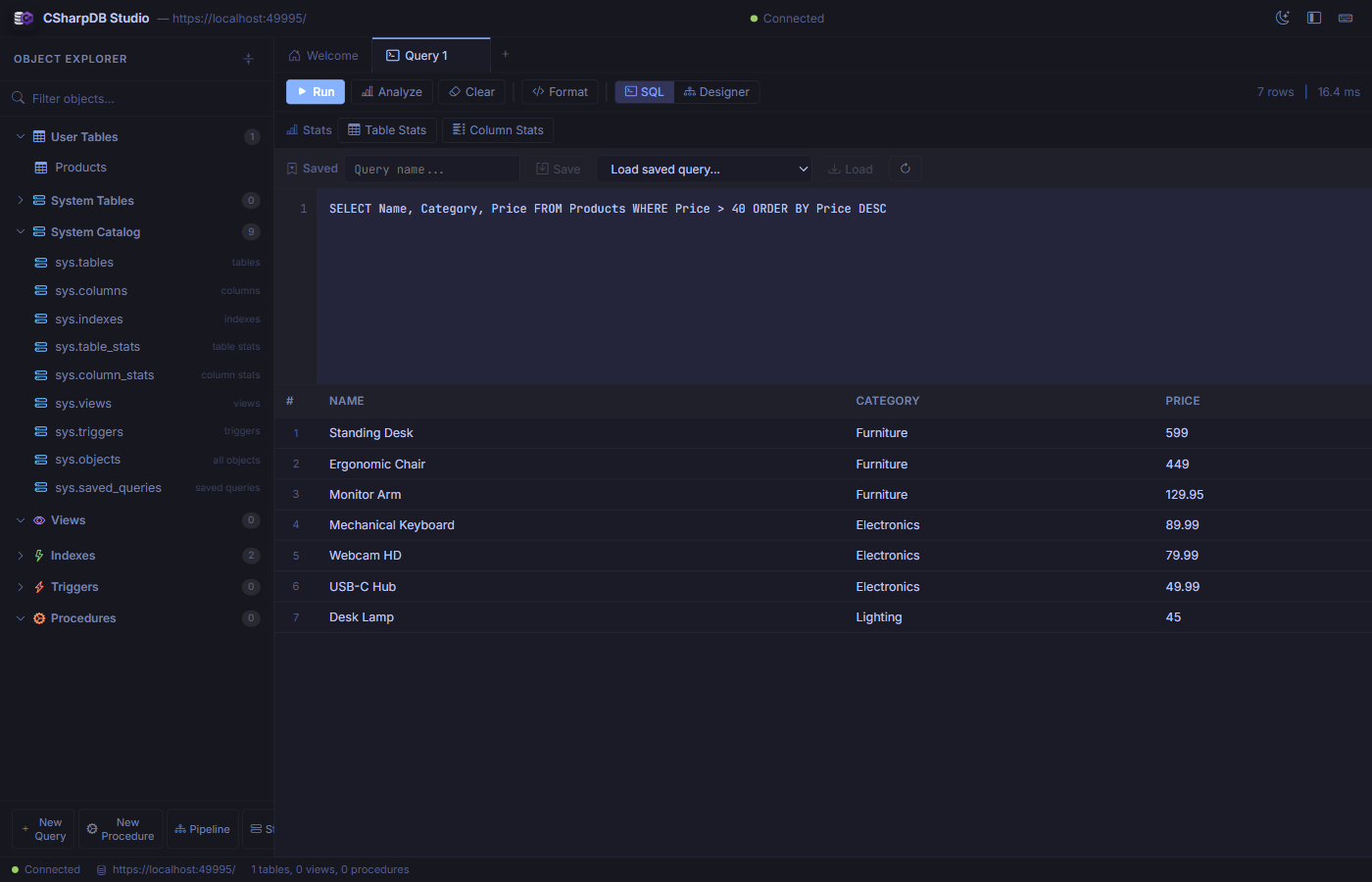 CSharpDB Studio query editor with results