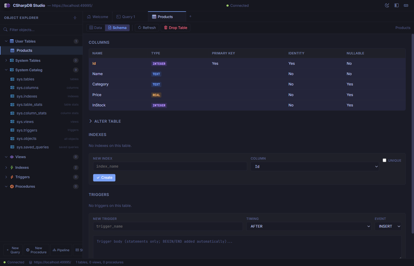 CSharpDB Studio schema view