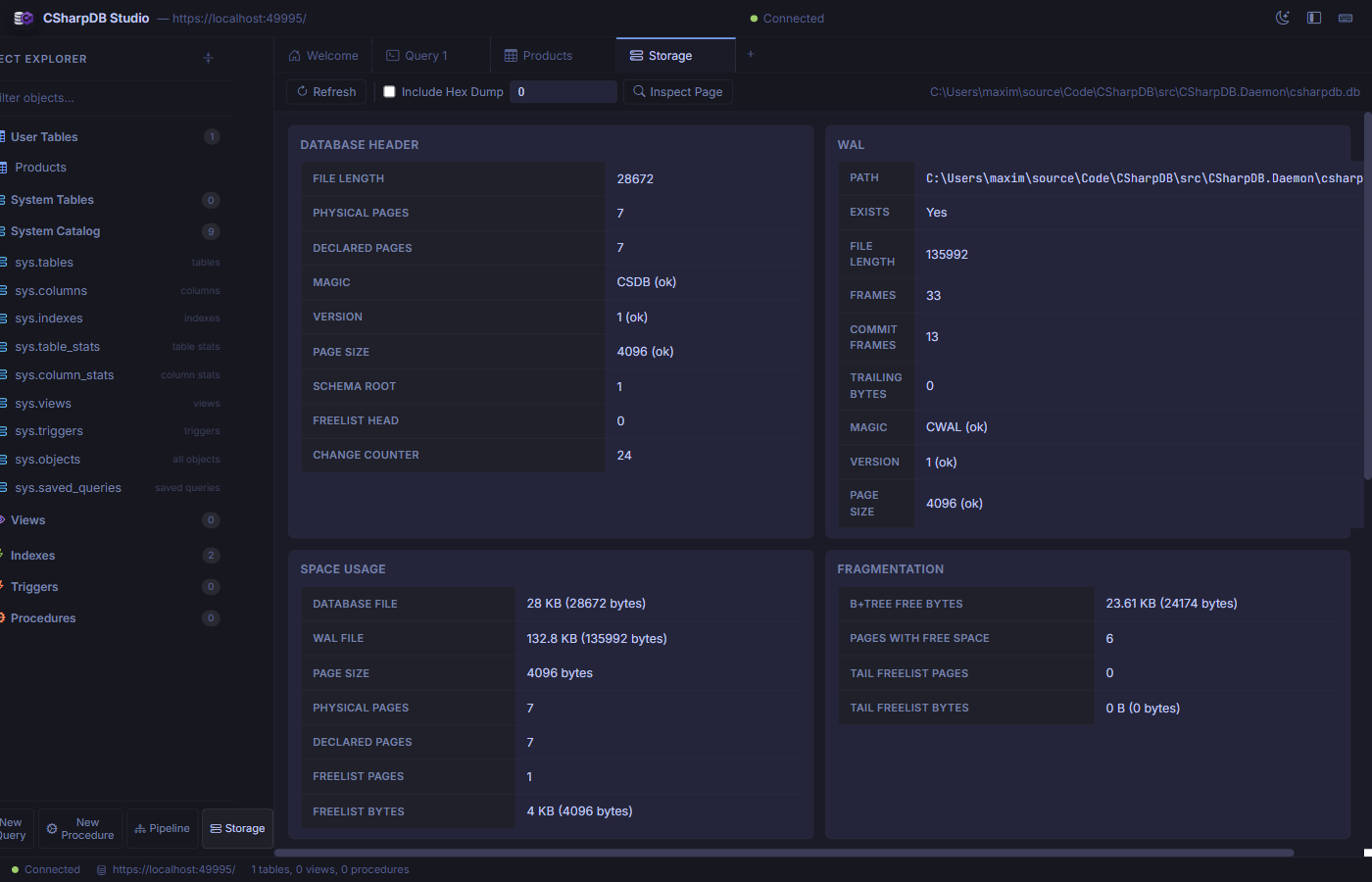 CSharpDB Studio storage diagnostics