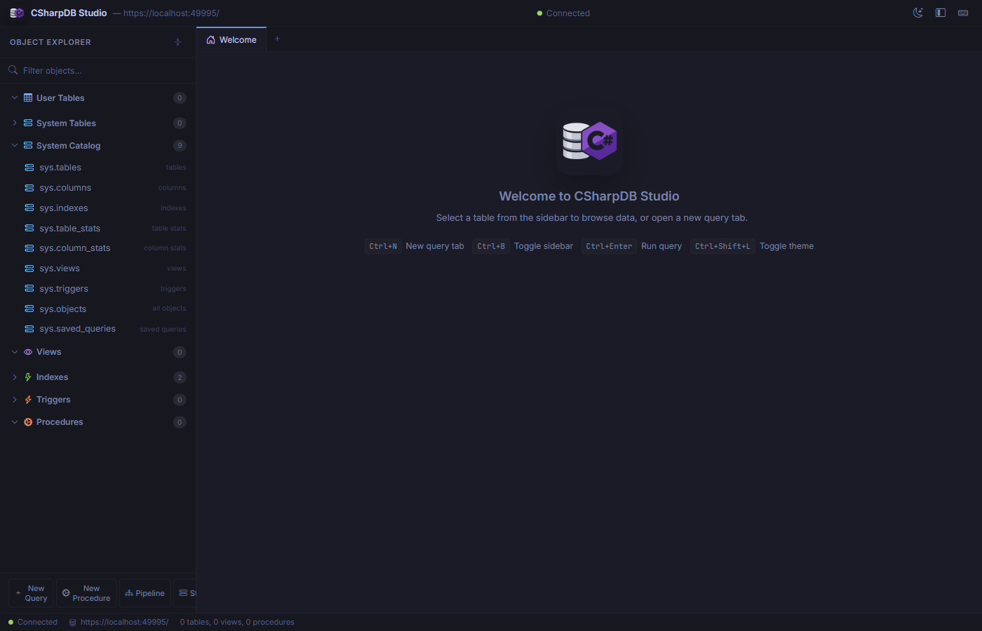 CSharpDB Studio welcome screen